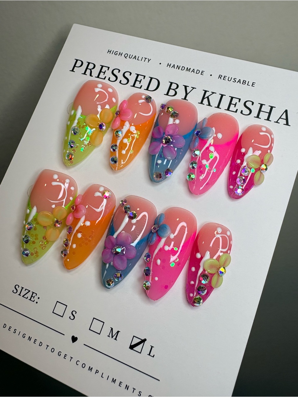3D Floral Gems - Pink, Orange, Blue, Green almond nails